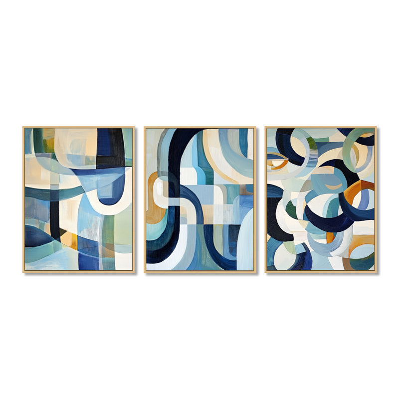 «Cubist White Blue Reality II», ensemble de 3 reproductions de toiles abstraites encadrées géométriques, 32" H x 72" W