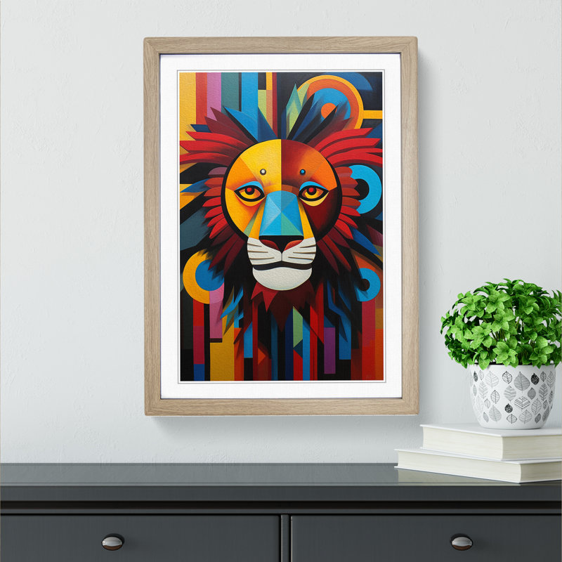 Lion Constructivism - Single Picture Frame Print on Wood, 34cm H x 25cm W x 2cm D, Oak