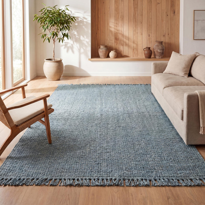 Tapis bleu clair / gris en jute tissé à la main avec franges Sinclair Pata, Rectangle 10 pi x 13 pi