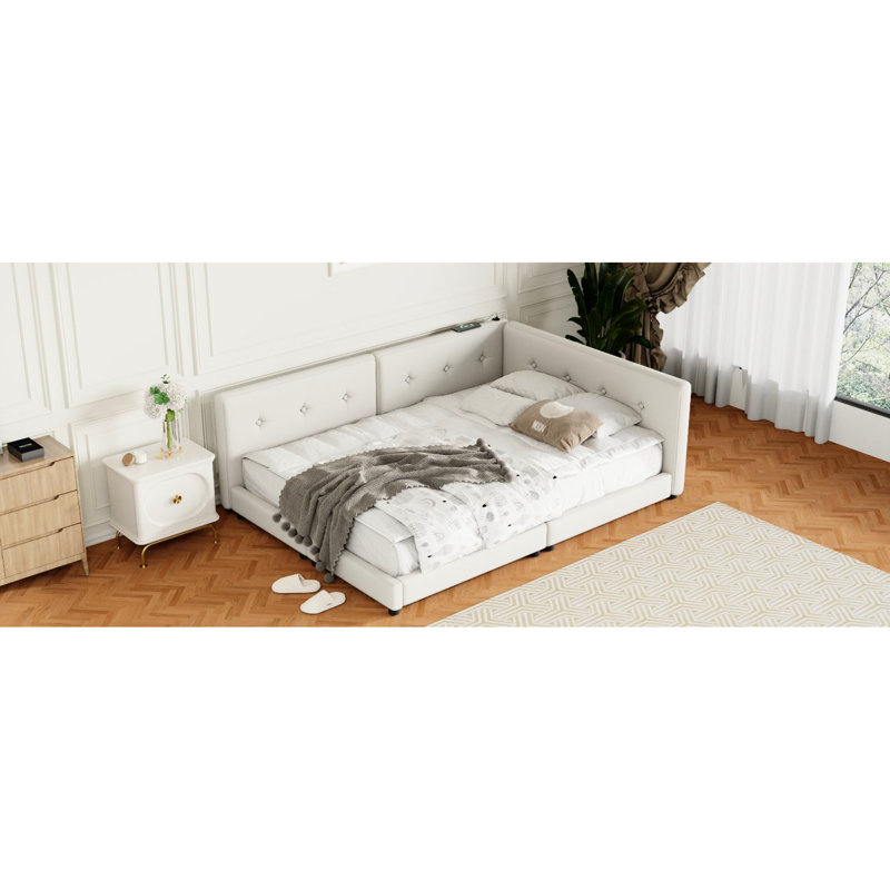 Upholstered Beige Queen Bed With Charging - Strong Construction & Elegant Look Ports Style Linen Slats