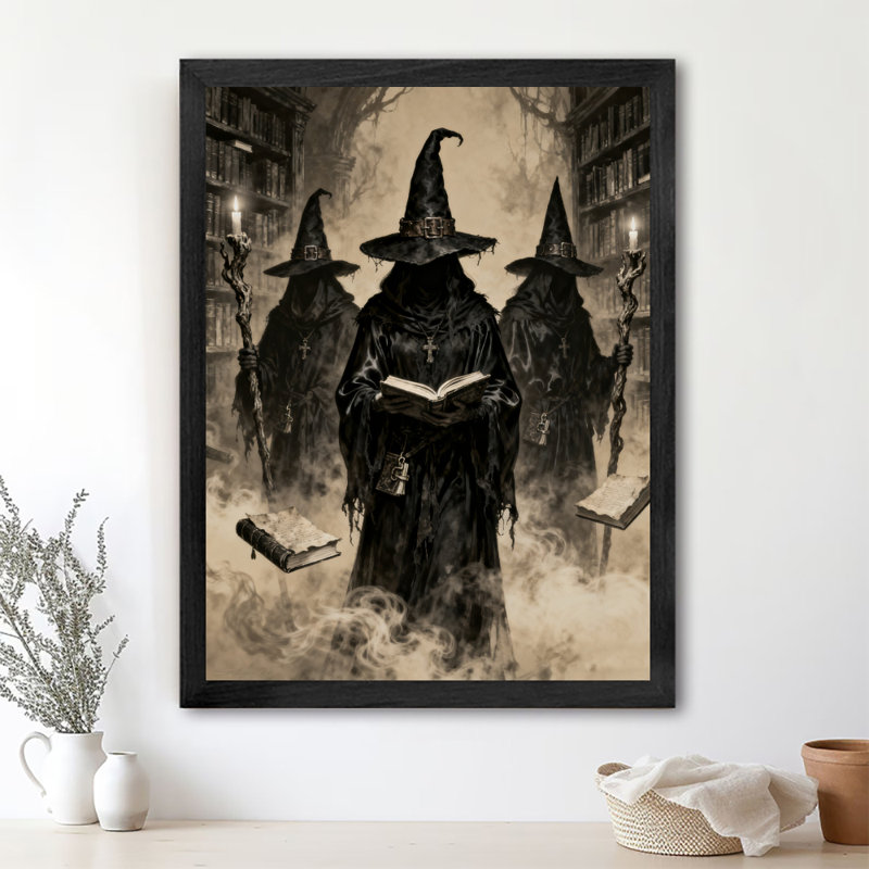 Art mural rétro noir - Ghost Messenger avec trois chapeaux pointus, art mural de style rétro, H 11 po x l 9 po