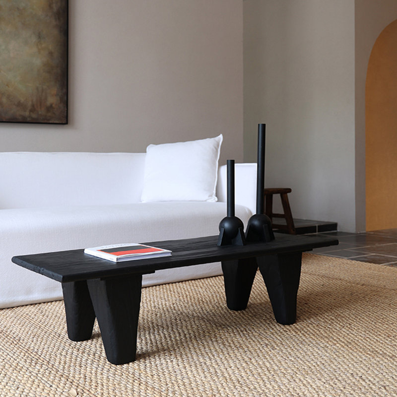 Table basse en bois massif carbonisé Wabi-sabi, 13.38" H x 55.11" L x 18.89" W