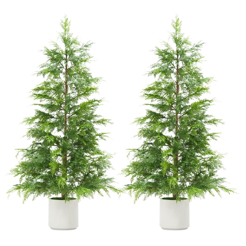 Topiaire de cèdre artificiel compact - ensemble de 2 fausses feuilles persistantes en pots blancs - pin décoratif en pot résistant aux rayons UV