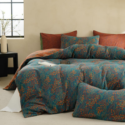 100% Cotton Muslin Duvet Cover Set Queen, 3 Pcs Yarn-Dyed Jacquard Textured Reversible Floral Design, Soft and Breathable Bedding Set with Zipper Closure, Blue Orange