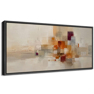 Beige Rust Orange Burgundy And Gray Geometric Abstract Artwork, Living Room Pictures, Framed Canvas Giclee Print 3 Pieces Wall Art - 3pcs