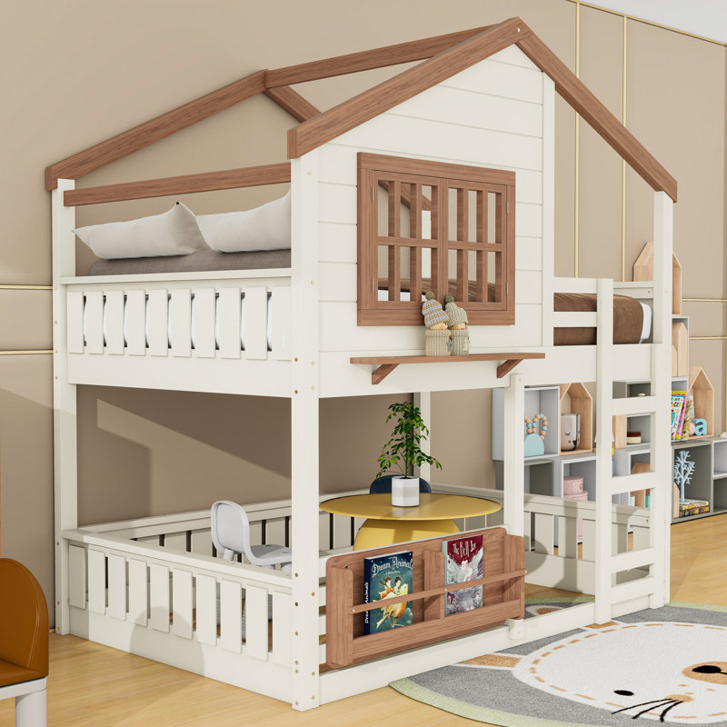 Wooden House-Shaped Bunk Bed With Window And Shelf, Beige/Natural, Full over Full