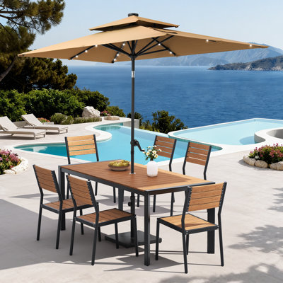6-Person Aluminum Outdoor Dining Set with Stacking Chairs, Solar LED Light Umbrella and Weighted Base