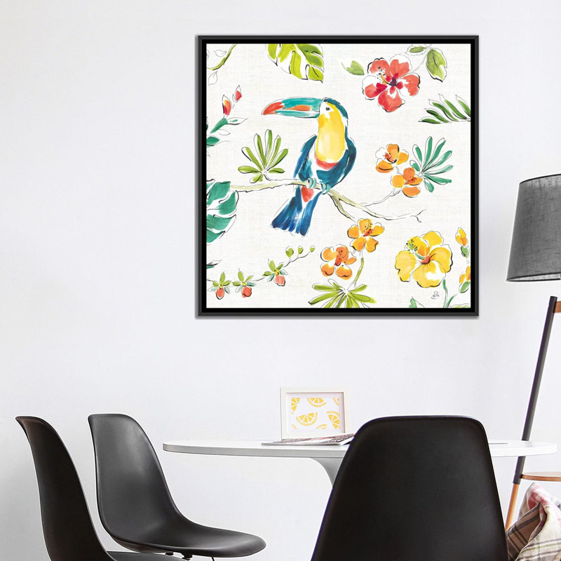 «Tropical Oasis, White V», reproduction sur toile, H 37 po x l 37 po x P 1,5 po, Toile avec cadre noir, Pas de tapis