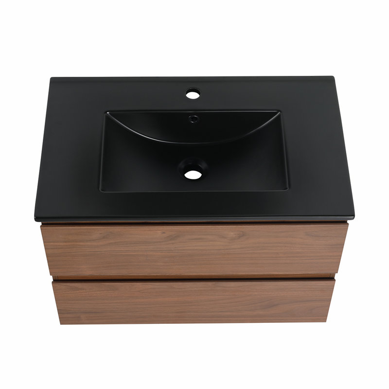 Meuble-lavabo mural 30 po avec lavabo noir, Chêne brun