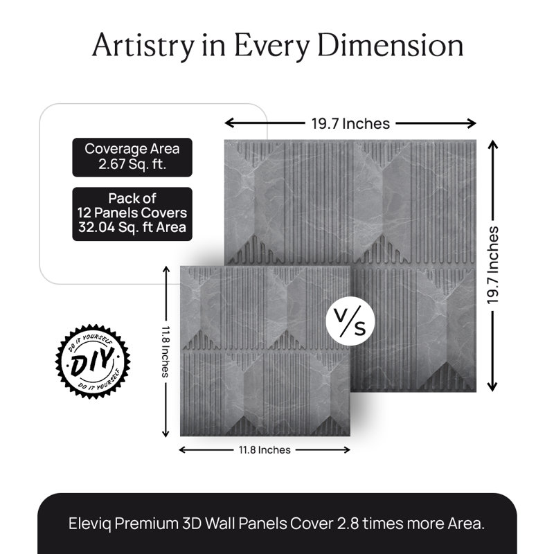 Ensemble de panneaux muraux 3D de qualité supérieure 19,7 po x 19,7 po ELEVIQ (ensemble de 12), Marbre gris