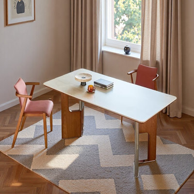 Beige Rock Slab Rectangular Dining Table Sets