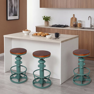 Ensemble de 3 tabourets de bar à hauteur réglable industriels, tabourets de bar pivotants avec sièges en bois massif et bases en métal de style bouche d'incendie, pour îlot de cuisine, bar maison, vert