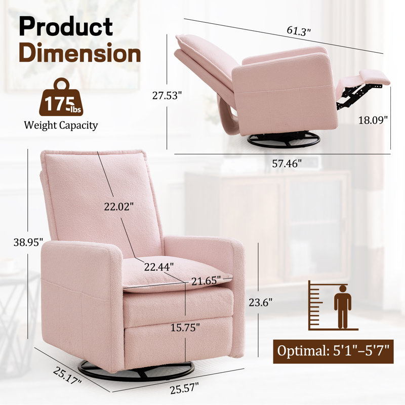 Fauteuil inclinable KORSER, fauteuil pivotant avec coussins, petit fauteuil à bascule pour petits espaces, fauteuil inclinable manuel avec poches latérales