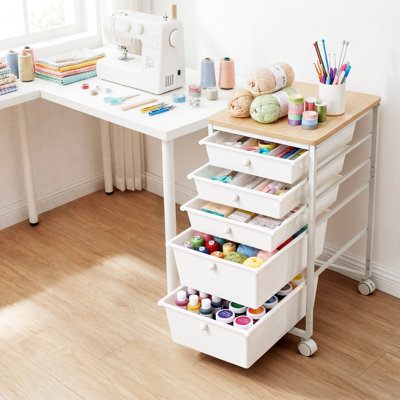 Rolling Cart with Drawers, 5 Drawer Storage Organizer, Mobile Utility Cart with Wood Top, Steel Frame, Universal Casters & 2 Brakes, for Office, Classroom, Craft Supplies, Bedroom, Makeup, White