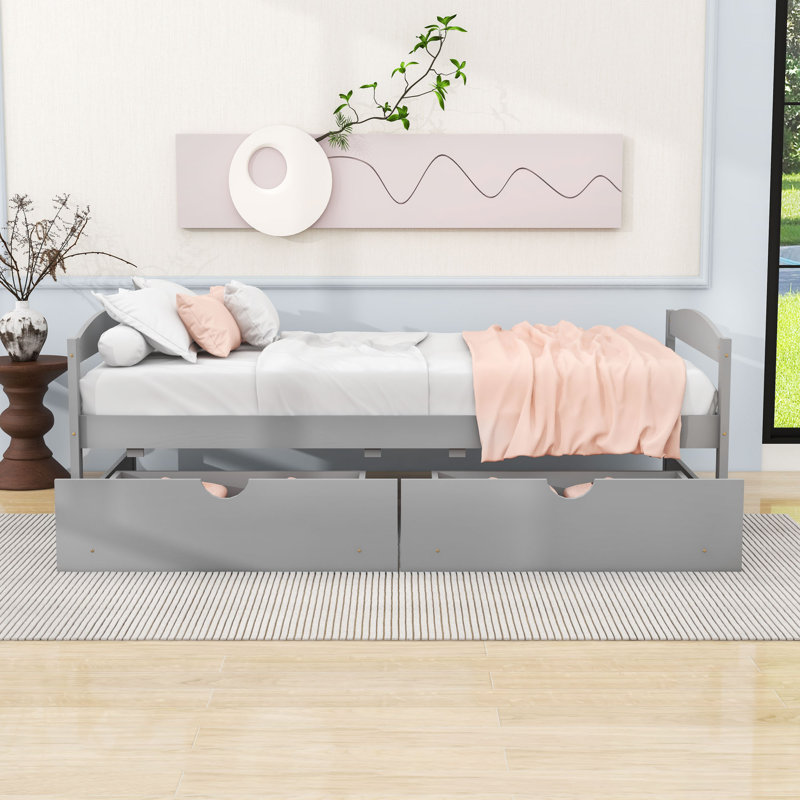 Lit plateforme simple en bois 2 tiroirs avec pieds centraux, tête de lit et pied de lit, Gris