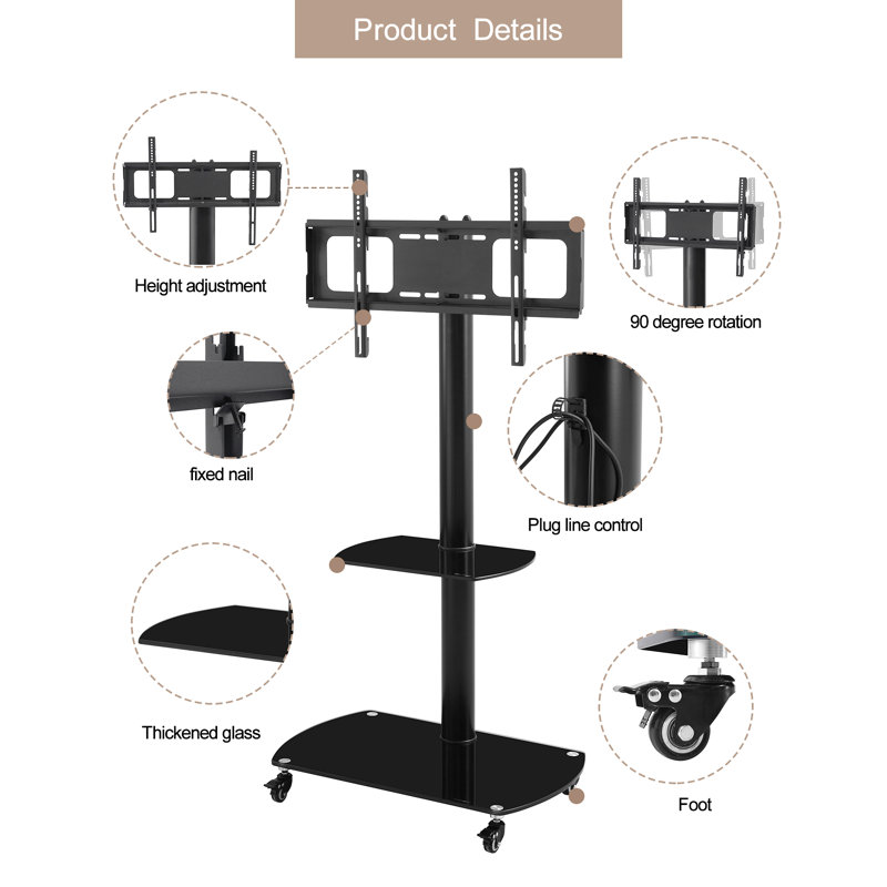 Height And Angle Adjustable Multi-Function Tempered Glass Metal Frame Floor With Lockable Wheels Mobile Tv Stand, Lcd/Plasma Tv Bracket  2 Tier Tempered Glass Shelves For Multiple Media Devices