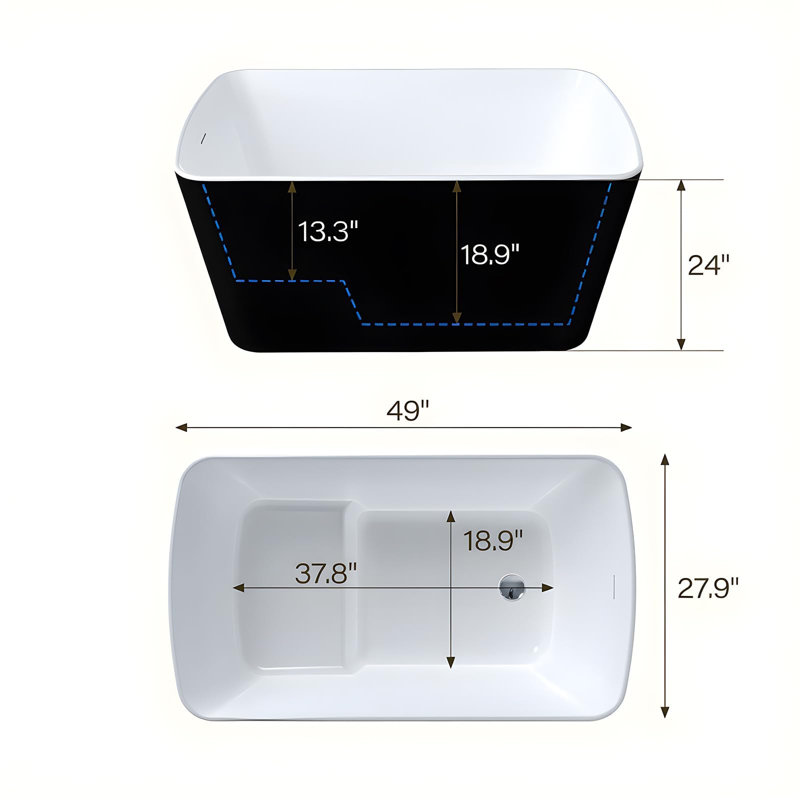 Baignoire de trempage autoportante 49 po en acrylique, drain mat et trop-plein noir, baignoire au design moderne pour les rénovations de salle de bain