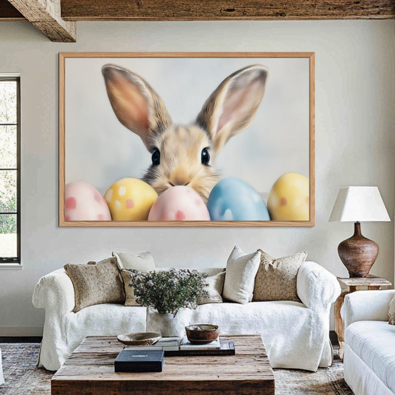  Art mural sur toile grand lapin de Pâques encadré - charmante image murale printanière, œuvre de lapin ludique pour la décoration de Pâques