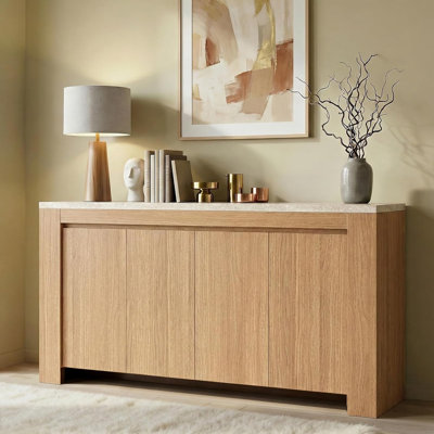 Sideboard Buffet Cabinet With 4 Doors & 5 Storage Spaces, 63" Coffee Bar Cabinet With Faux Marble Top, Modern Kitchen Storage Cabinet For Living Room Dining Room, Natural Oak