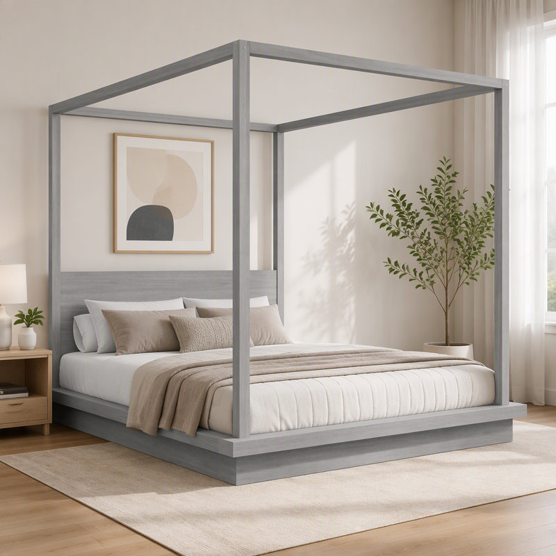 Structure de lit en bois, lit plateforme à baldaquin avec tête de lit, Très grand lit, Gris