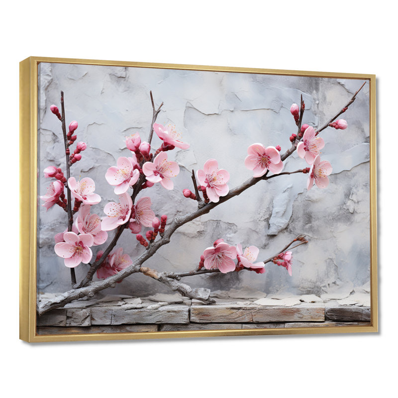 Fleurs de cerisier rose fin de l'hiver - art mural cerisier en fleurs, Cadre flottant doré, H 24 po x l 32 po x P 1 po