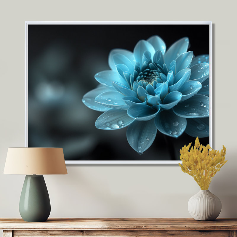 Monochromes bleu, noir, dahlia beauté - Dahlia, art mural, Cadre flottant blanc, H 12 po x l 20 po