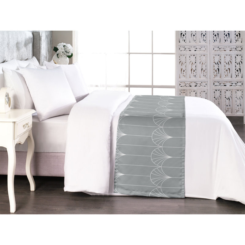  Chemin de lit géométrique en satin, Très grand, Gris / blanc