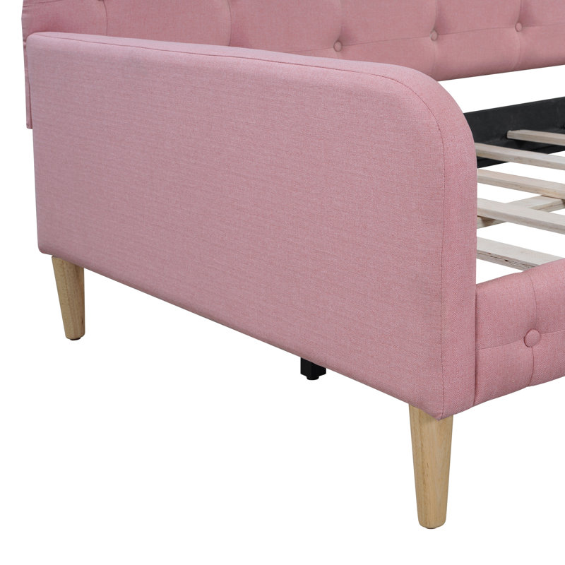 Lit de jour simple rembourré avec 4 pieds de soutien, Rose