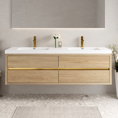 Meuble-lavabo mural 72 po avec lavabo, meuble de rangement flottant pour salle de bain avec comptoir en résine de pierre et tiroirs à fermeture en douceur, 24V15-72NO