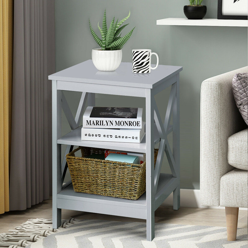 Table de chevet à 3 niveaux avec design en X, noir, Gris