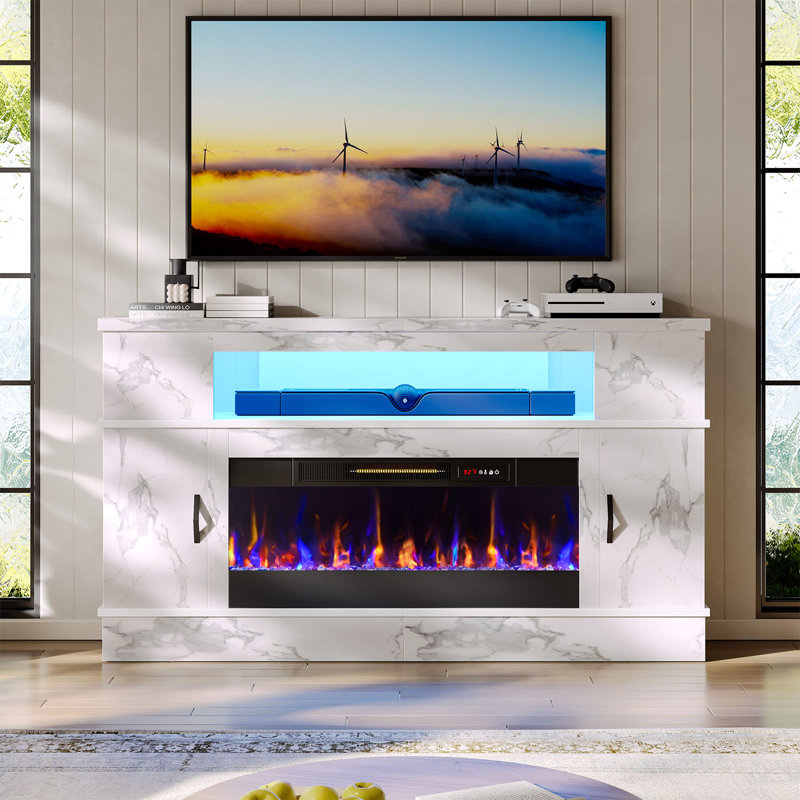 Benigno 63" W Tall Fireplace TV Stand for TVs up to 70" with Electric Fireplace and Sound Bar Shelf, White