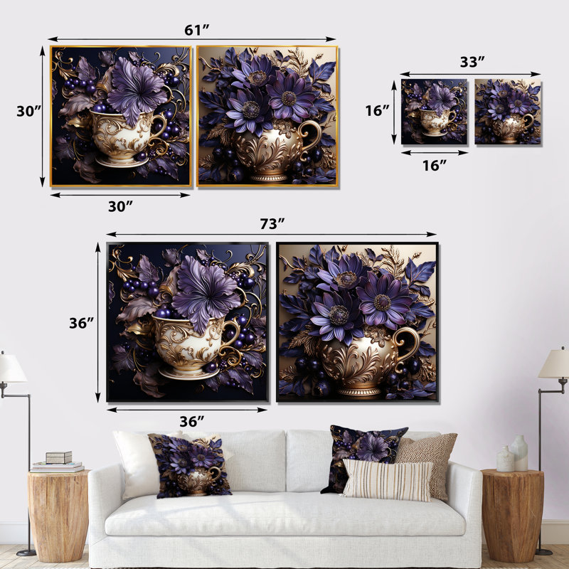 Baroque Floral Beauty Pottery I - ensemble de 2 pièces d'art mural floral, Cadre flottant noir, H 16 po x l 33 po x P 1 po