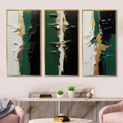 Golden Green And Black Ink Merge I - Abstract Painting Canvas Prints Set Of 3