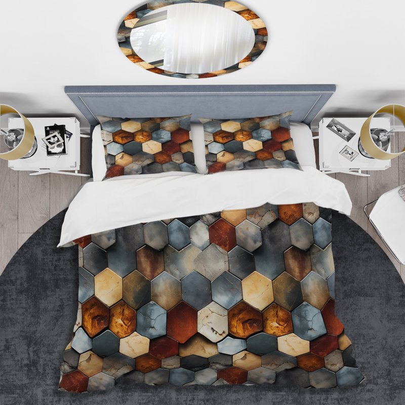 Ensemble de housse de couette géométrique Rustic Hexagons Boho, Housse de couette simple + 1 taie décorative stan