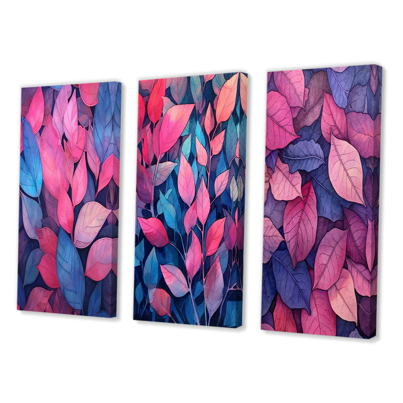 Pink Blue Leafs Harmony - Floral Art Set Of 3 Pieces, 20" H x 36" W, Wrapped Canvas