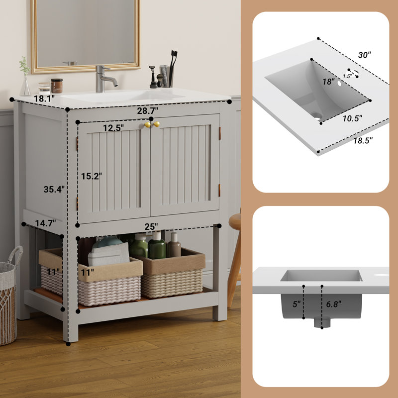 Armoire de salle de bain 30 po avec lavabo en céramique et meuble-lavabo autoportant avec 2 portes et tablette ouverte, gris
