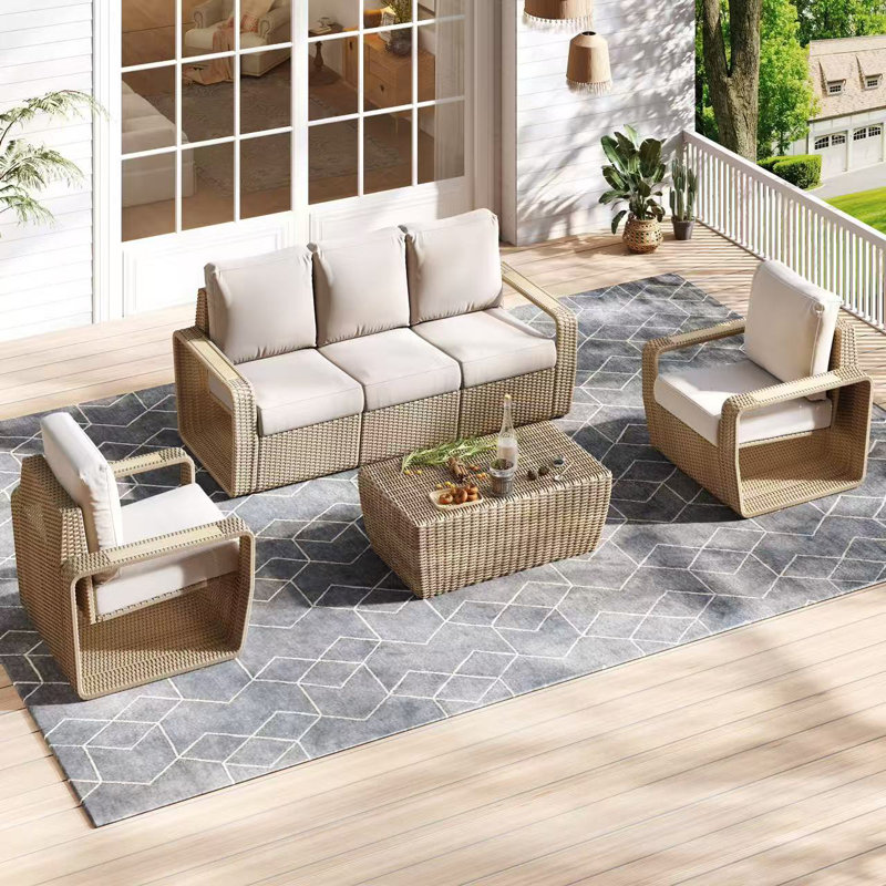 3-Piece Outdoor Patio Furniture Set, 82" Rattan Sofa & 2 Wicker Chairs with Under-Seat Storage, Deep Cushions & High Backrests, for Backyard Small Patios Balconies