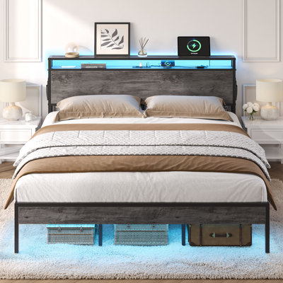Annice Bed Frame with LED Light and Charging Station,Metal Platform with Power Outlets,Noiseless,No Spring Box Needed