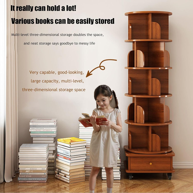 Vintage 6-Tier Rotating Bookshelf, Spinning Bookshelf Tower For Kids Adults
