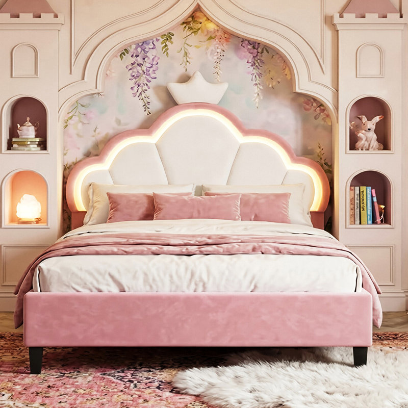 UK & EU Single & Double Upholstered Princess Bed With LED Crown Headboard, Pink Velvet, Double (4'6)