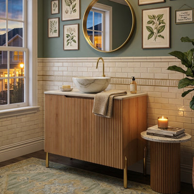 Meuble-lavabo autoportant de 30 po avec plateau en pierre frittée Roma Travertine, armoire de rangement en contreplaqué de 16 mm avec 2 portes et lavabo vasque artistique