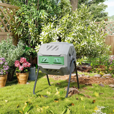 43 Gallon Dual Chamber Tumbling Compost Bin, 360° Rotating Outdoor Composter For Garden & Food Waste Recycling, Light Gray