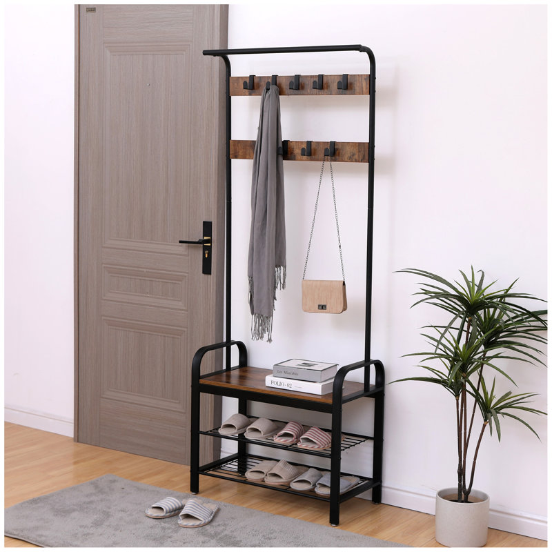 4-In-1 Hall Tree With Coat Rack, Shoe Bench, And Storage â€“ Features 9 Removable Hooks And Hanging Rod, Rustic Brown