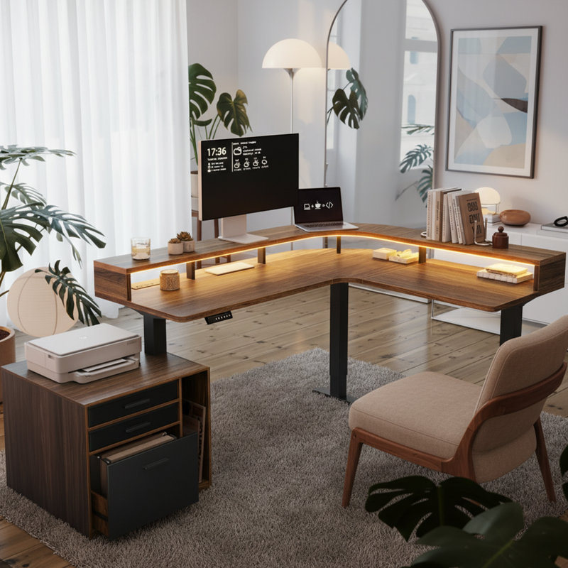 Bureau debout en L de 63 po x 55 po avec bande DEL, prises de courant et classeur, bureau assis-debout à hauteur réglable avec rangement à 2 niveaux et gestion des câbles