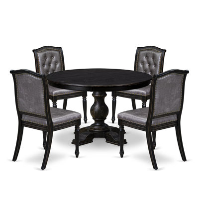 60CAF577F5B94EA2968F289DFD4B6B56 - 5-Pc Round Table and 4 Polyester Chair with Button Tufted Back, Sand Blasting Black