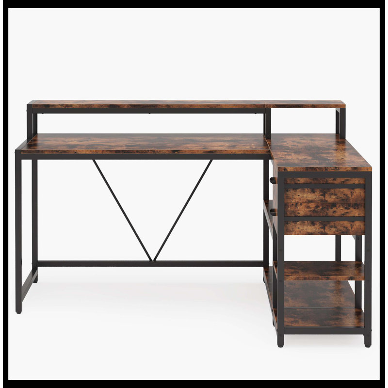 Bureau en L réversible, bureau d'angle industriel avec tiroir et tablettes, Brun rustique / noir