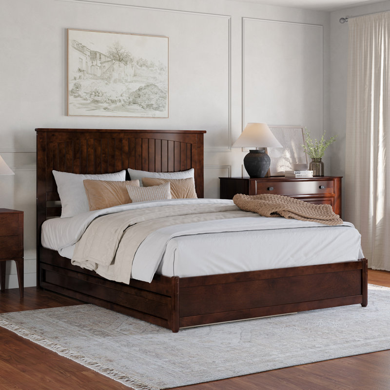 Darlean Solid Wood Trundle Platform Bed with Footboard & Roll Out Trundle, Queen, Walnut
