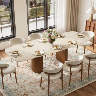 63 To 94.5-Inch Extendable Dining Table For 4-8, Kitchen Table With Sintered Stone Tabletop And Fluted Wood Base For Family Living Room Space Saving