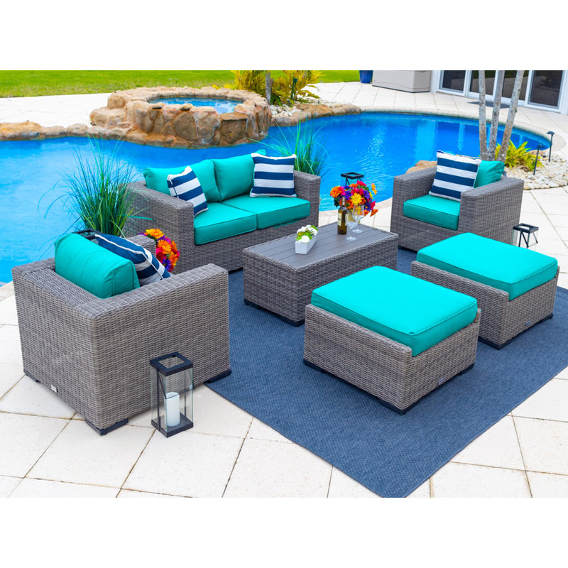 Ensemble de conversation en osier / rotin pour 6 personnes avec coussins Sunbrella Aleyza, Toile Aruba Sunbrella®
