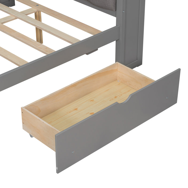 Lit plateforme double en bois avec tablettes de rangement, tiroirs, station de charge, DEL, bureau et tête de lit tapissier, gris et coussin gris (heure d’arrivée prévue: 12,24)